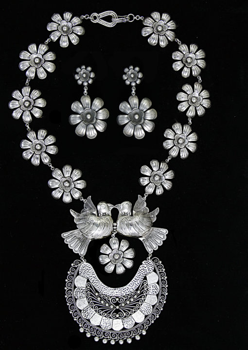 Sterling silver handmade old mexico jewelry set with love birds and flowers