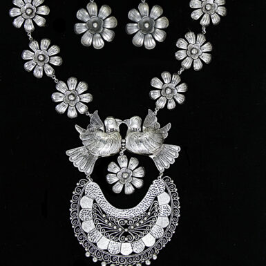 Sterling silver handmade old mexico jewelry set with love birds and flowers