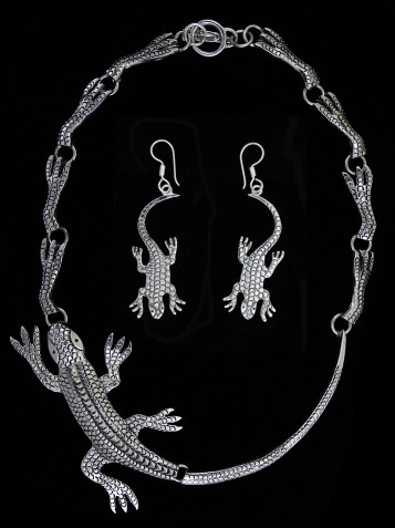 Sterling silver lizard necklace earring jewelry set