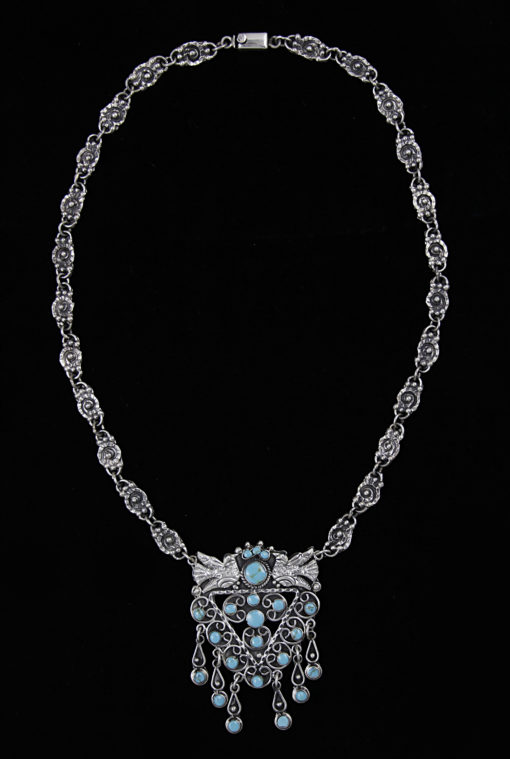 Sterling silver turquoise old mexico styele necklace with brids