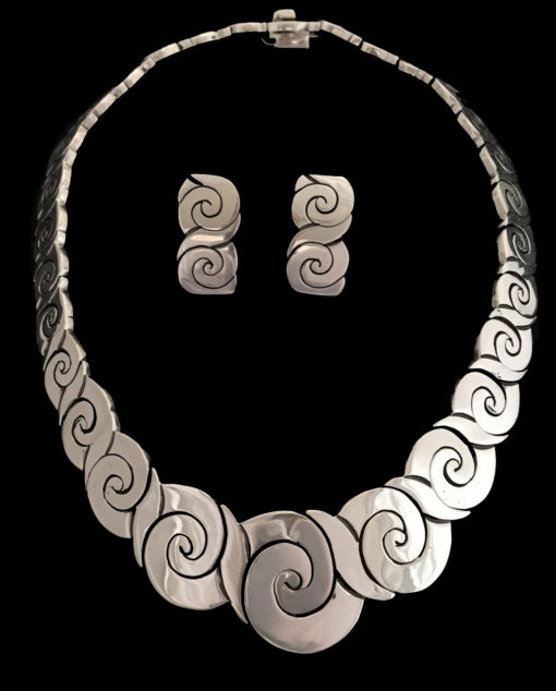 Handmade, sterling silver spiral shaped earring necklace set