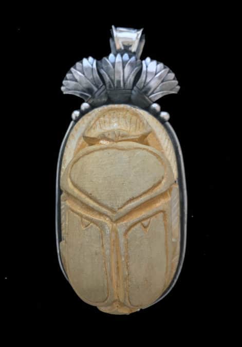Ivory Carved Stone Scarab Pendant set in Sterling Silver