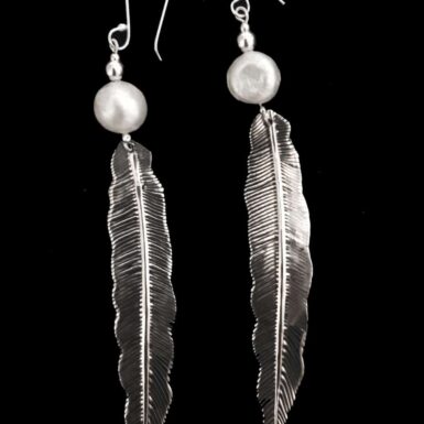 Pearl with Sterling Silver Feather Earring