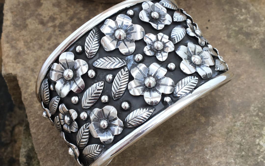 Flower and Leaf Sterling Silver Cuff