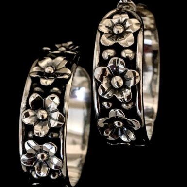 Sterling silver oxidized flower hoops