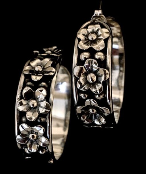 Sterling silver oxidized flower hoops